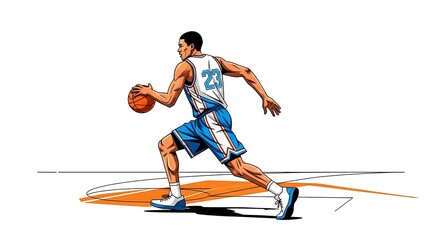 Dynamic Basketball Player Dribbling on Court.