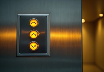 Close-up of illuminated elevator control panel with three orange glowing arrow buttons on brushed metal surface