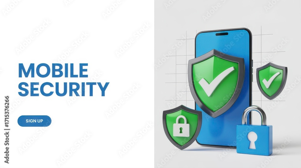 Poster mobile phone with security shields and padlock on a white background