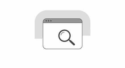 A minimalist grayscale illustration of a web browser window with a magnifying glass search icon.