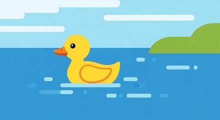 Yellow Rubber Duck Floating on Blue Water with Green Hill.