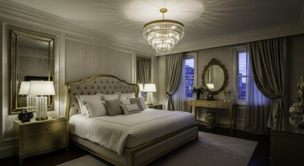 Luxurious and Elegant Master Bedroom Interior with Tufted Headboard, Gold Accents, and Tiered Crystal Chandelier, Featuring Ornate Mirrors and Warm Lighting
