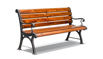 A classic wooden park bench with ornate wrought iron supports is displayed against a plain white background.