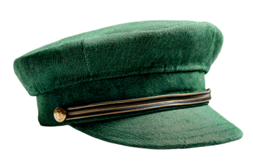 a green hat with a metal buckle on the side