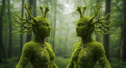 Obraz premium Guardians of the Forest: Two moss-covered figures, intertwined with the very essence of the woods, stand as sentinels. Their unique form and otherworldly presence evoke a sense of mystery and nature.