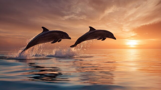 Two dolphins jumping out of the water at sunset, creating a beautiful and dynamic scene in the ocean environment