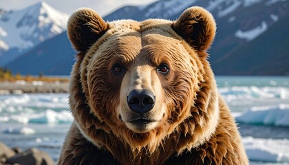 Obraz premium A majestic brown bear gazes intently at the camera, set against a backdrop of stunning Alaskan scenery.