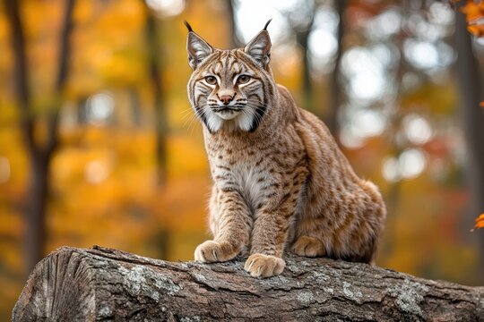 Alert wild bobcat resting on a mossy fallen tree trunk in a forest with autumn foliage in the background