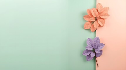 Fototapeta premium Modern minimal floral composition with delicate paper flowers and leaves in peach and lavender hues on mint green and blush background, expressing elegance, creativity, pastel art, and stylish design 