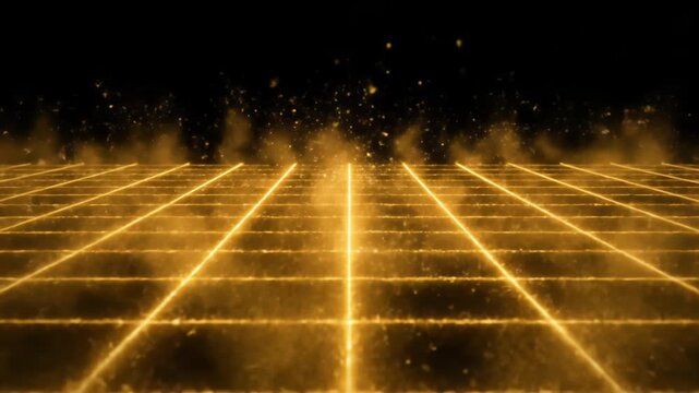 Abstract Golden Futuristic Grid Floor With Particles And Smoke In Darkness