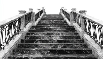 Fototapeta premium Marble staircase ascending to bright sky, ornate railings