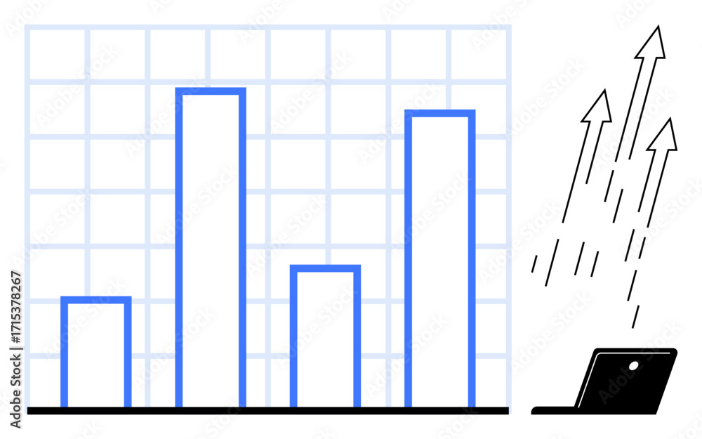 Poster bar chart showing progress with upward arrows and laptop emphasizing digital success. ideal for sale