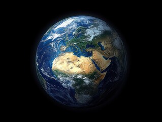 Fototapeta premium View of Earth from space showing detailed continents, oceans, and cloud formations with a focus on Africa, Europe, and the Middle East against a dark background