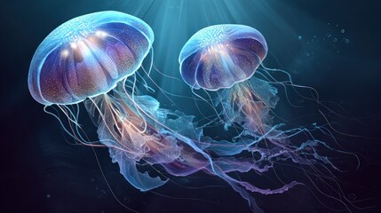 Fototapeta premium Two jellyfish gracefully swim in the deep blue ocean, their translucent bodies illuminated by the light above