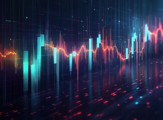 Abstract digital representation of fluctuating data with colorful neon bars and waveform lines on a dark futuristic grid background