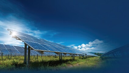 Solar panels in a field under a bright sky