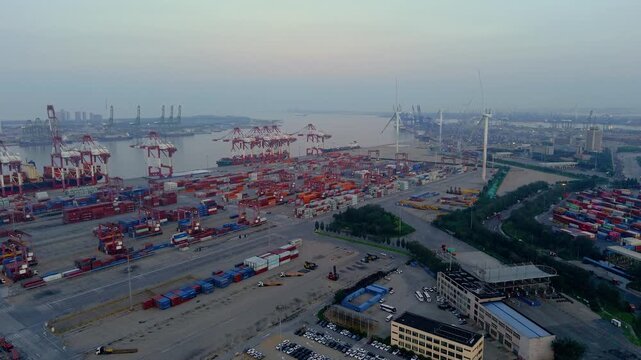 Aerial view of the cargo terminal of Tianjin Port at dusk