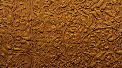 Ancient Asian temple wood carving with intricate gold ornaments and old stone textures