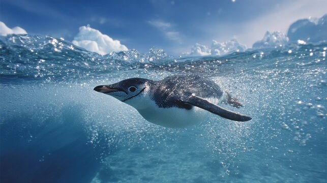 Little penguin swimming underwater with bubbles and sunlight, showcasing its agility and grace in the ocean