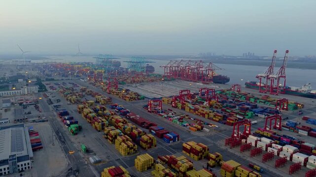 Aerial view of the cargo terminal of Tianjin Port at dusk