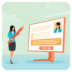 Online questionnaire survey concept. Woman with pencil finish online questionnaire on computer.