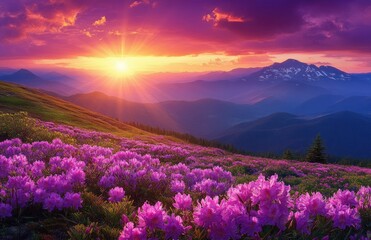 Vibrant sunrise over a mountain landscape covered with blooming purple flowers and distant snow-capped peaks under a colorful sky