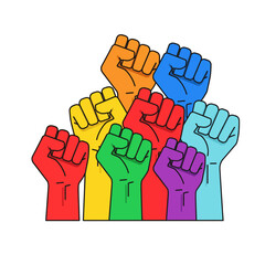 Obraz premium A group of raised fists in vibrant rainbow colors, symbolizing solidarity, protest, power, pride, and diverse unity.
