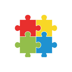 Obraz premium Four colorful interlocking jigsaw puzzle pieces, representing teamwork, problem-solving, connection, strategy, and the autism awareness symbol.