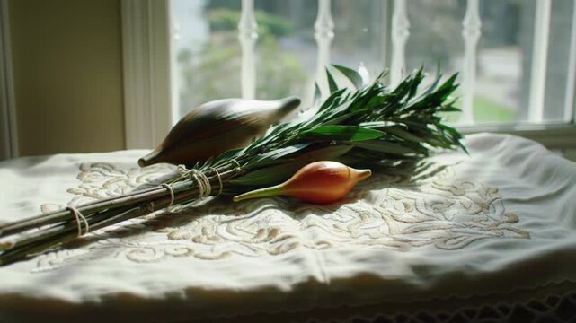 A still life composition featuring traditional Jewish ritual objects on a table near a window.
