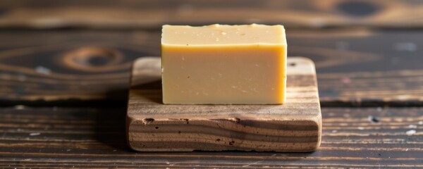 Close-up of a rectangular natural handmade soap bar with smooth surface on a wooden soap dish with rustic wooden background