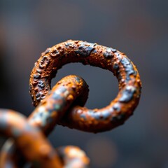 Close-up of a rusty and corroded metal attached to a weathered chain with a blurred dark background, highlighting industrial aged oxidized material and erosion