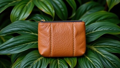Close-up of a small brown leather zipper wallet resting on lush green tropical leaves with detailed texture and natural lighting, minimal style and elegant design