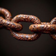 Close-up of rusty metal chain link with textured corrosion surface on dark blurred background, detailed metal chain industrial object, durable wear and tear