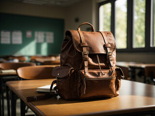 A brown leather backpack sits on a table in the classroom with no one at the school, and morning sunlight from the window.
