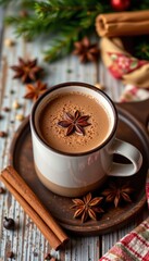 Cozy hot chocolate in a white mug topped with star anise aroma surrounded by cinnamon sticks, festive decorations, and holiday spirit on rustic wooden table