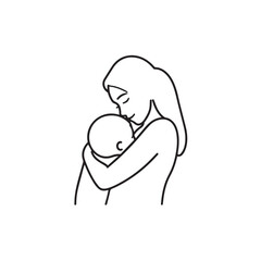 Black and white line art of a beautiful mother lovingly embracing her baby minimalist tender illustration
