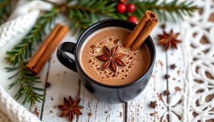 Cozy winter holiday hot chocolate in a black mug topped with star anise and cinnamon stick on a festive white wooden table with greenery and spices