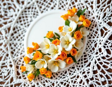 Elegant floral arrangement of white orchids and orange roses on a white plate, decorative table setting with lace pattern for sophisticated wedding or celebration decor - Powered by Adobe