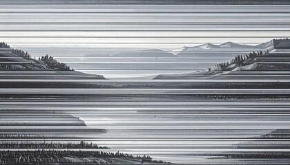 A grayscale abstract landscape, featuring mountains and a valley, with a striking horizontal line pattern overlaying the image