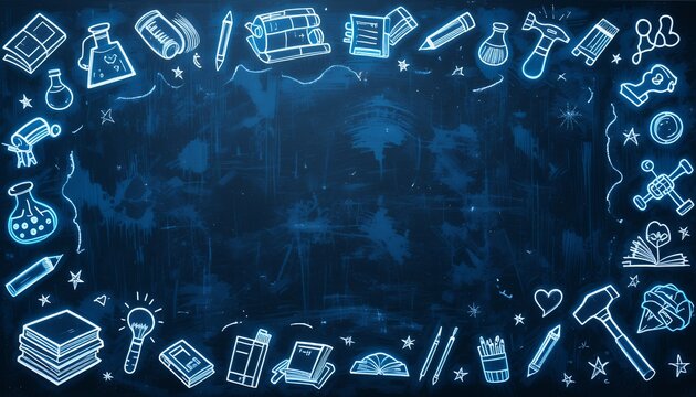 creative hand drawn science and education icons forming a border on dark background with space for