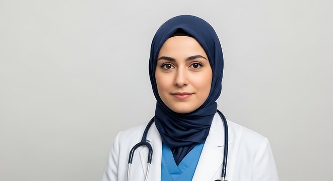 A professional female doctor in a hijab, wearing a white coat and a stethoscope, presents a confident and trustworthy image against a neutral backdrop.