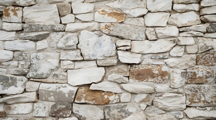 Close up view of rustic stone wall texture made of irregular natural rocks in neutral tones, perfect for architecture design, construction material background, or vintage countryside backdrop concept