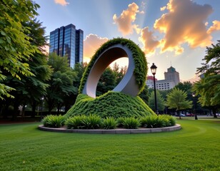 Modern urban park with a large circular metal sculpture surrounded by lush greenery trees and grass at sunset with cityscape skyscrapers in the background