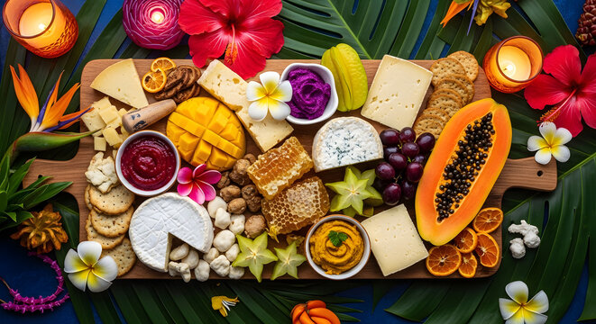 An abundant tropical-themed cheese and fruit board, beautifully arranged with exotic fruits, nuts, and flowers.