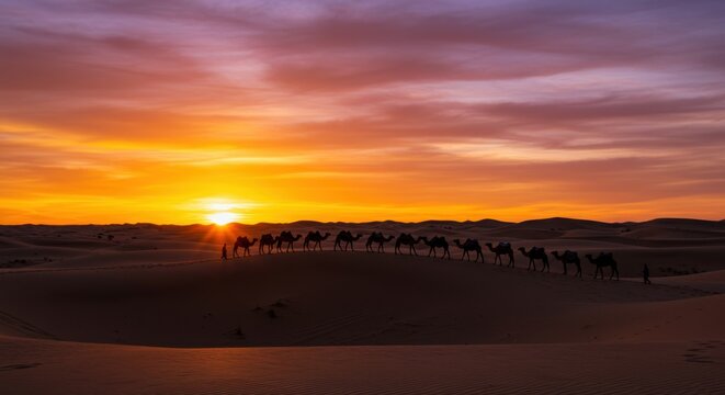 Silhueta de Caravana de Camelos no Deserto ao P&ocirc;r do Sol