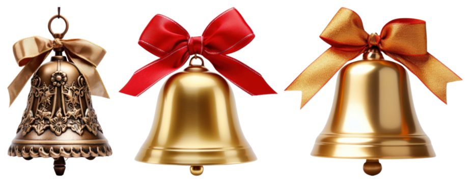 PNG Festive golden bells with bows, element set on transparent background