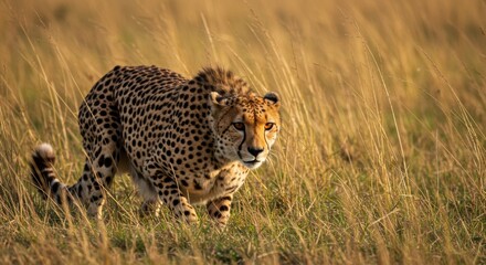 Cheetah Crouching in Golden Grass