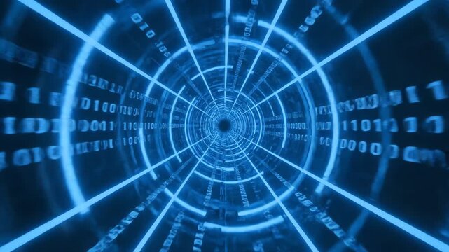 Technological seamlessly looping light tunnel with binary code patterns subtly emerging and dissolving within blue light beams programming, dissolving, reality