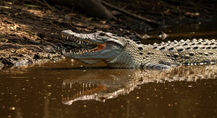 Fototapeta premium Crocodilo com Boca Aberta em Rio Raso Sob Luz do Sol