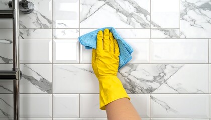 A hand in a yellow glove cleaning a white and gray tiled wall with a light blue cloth